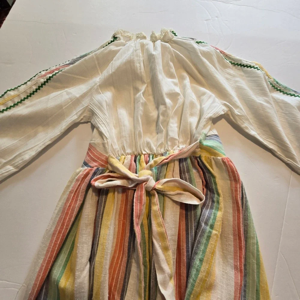 Vintage 50s 60s Cinderella Peasant Dress Girls 8 White Rainbow Stripe Boho Lace